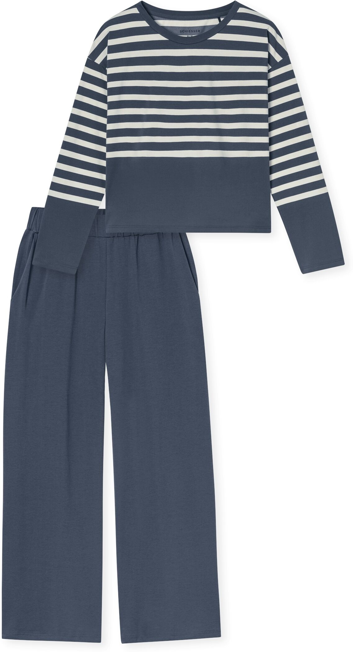 Schlafanzug SCHIESSER "Casual Nightwear", Damen, Gr. 40, blau (808, blaugrau), Single Jersey, Obermaterial: 73% Baumwolle, 27% Polyester, bequem lang, Rundhals, Homewear-Sets Schlafanzug, mit seitlichen Taschen, Rundhalsausschnitt 808, blaugrau 40