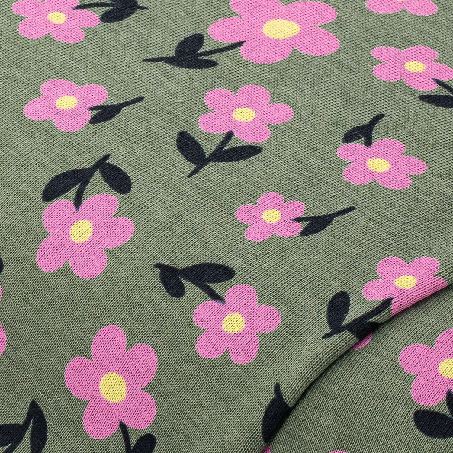Sweatstoff "Blumen", grün/rosa