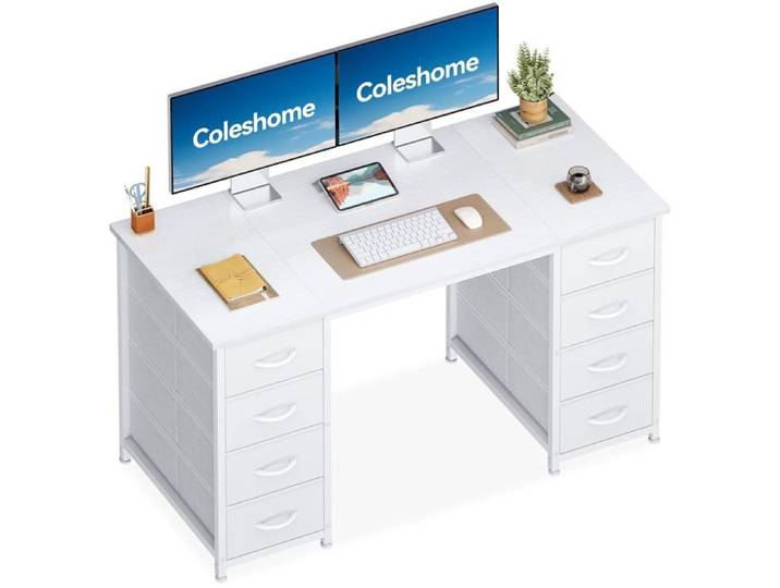 Bureau avec 8 Tiroirs en Tissu Blanc 120x48cm - Coiffeuse et Bureau Informatiques Modulable pour Chambre et Bureau d'Écriture