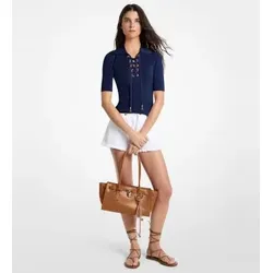 Michael Kors für Damen. MS661FZ5ZV Navyfarbenes Poloshirt zum Schnüren (S), Lässig, Viskose, Kurzarm, Marine