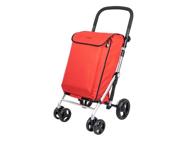 Carlett – Pack Lite Family Einkaufswagen + Geschenkhaken Zusammenklappbarer Einkaufswagen 4 Räder Licht Lenker und Bremse verstellbar 58L erweiterbare Tasche Kühltasche 12L Rot