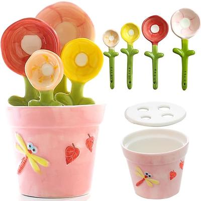 Blumenmesslöffel-Set – einzigartiges Backgeschenk – hübscher Messbecher und Messlöffel aus Keramik mit Halter – geeignet für trockene und flüssige Zutaten – spülmaschinenfest