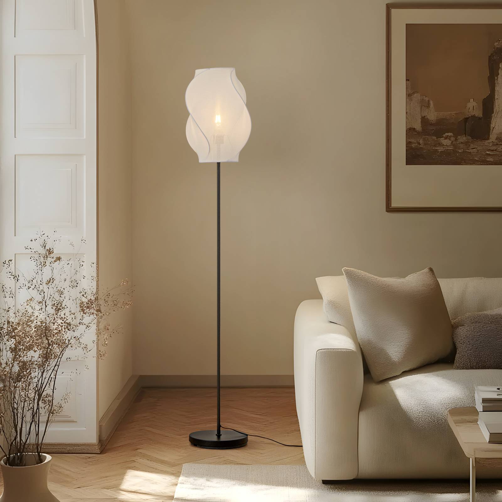 Stehlampe Tovina Lucande, weiß / opal, für Wohn- / Esszimmer, Textil / Stoff / Seide, Skandinavisch, Stehlampe