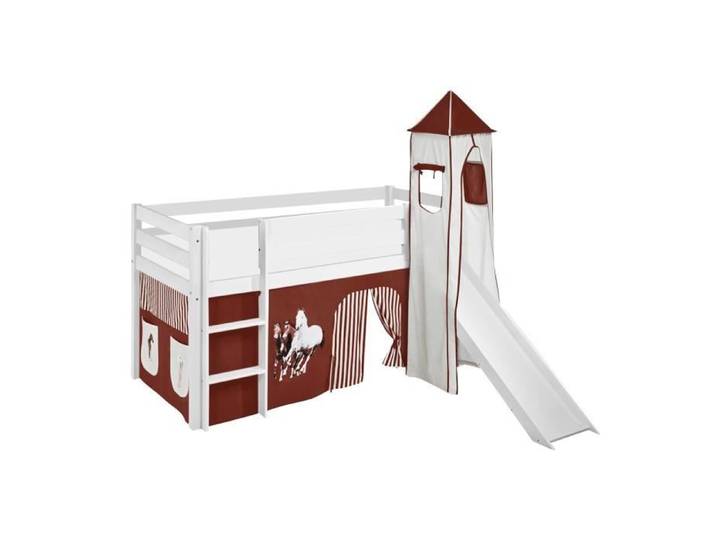 Lit surélevé ludique JELLE 90 x 190 cm Chevaux marron beige - avec rideaux tour et toboggan - LILOKIDS - blanc laqué