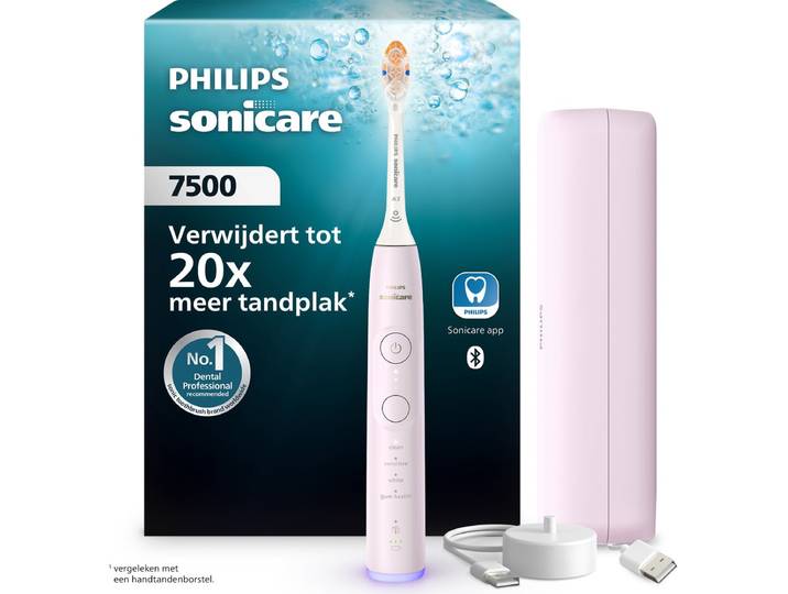 Philips Sonicare 7500 Series Elektrische Tandenborstel - Poetsdruksensor\, 12 Poetsinstellingen\, Gezonder Tandvlees\, Sonicare App & Oplaadreisetui - Roze - HX7422/05