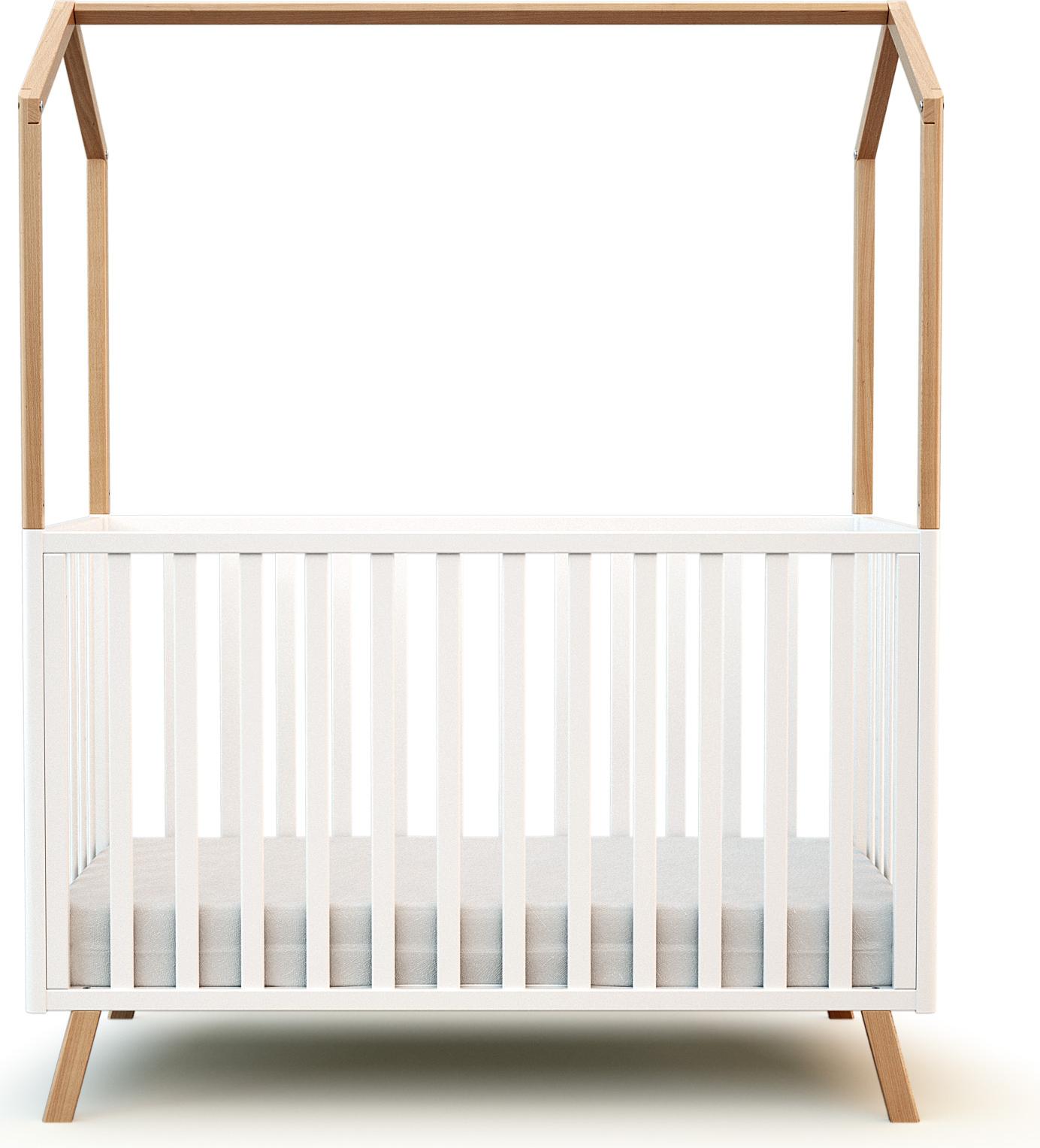 AT4 - Babybett hausbett Holz 60x120 KASA Weiß und lackierte Buche |Kinderbett | Gitterbett mit Lattenrost 3 Stufen Höhenverstellbar |Bett umbaubar zum Juniorbett