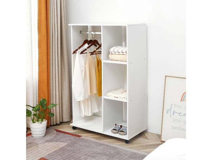 HOMCOM Portant Vêtements Mobile Blanc 3 Étagères + Penderie