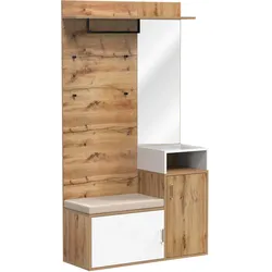 GARDEROBEN-SET 105 cm in Weiß & Eiche-Optik – 3-teilige Flurkombination mit Spiegel, Schuhschrank & Wandpaneel