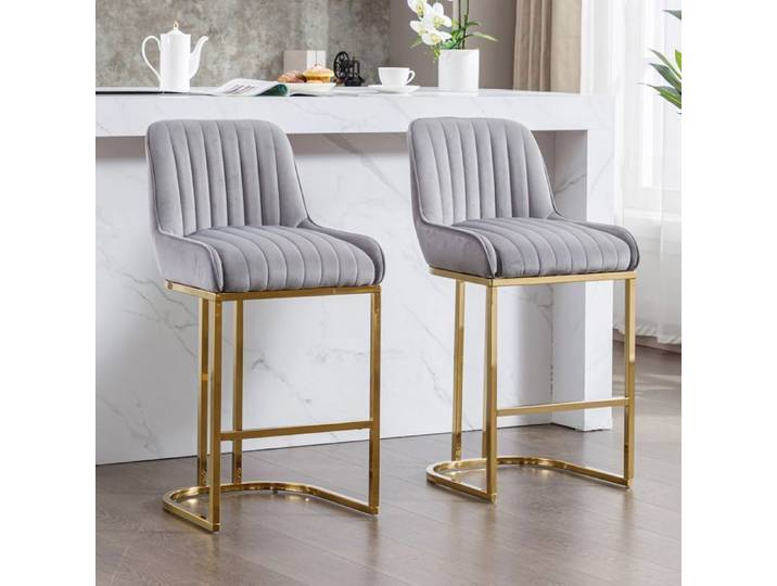 Wahson Chaise de Bar en Velours Chaise Bar Pied Doré Tabouret Bar Lot de 2 Tabouret de Bar avec Coussin Épais Gris