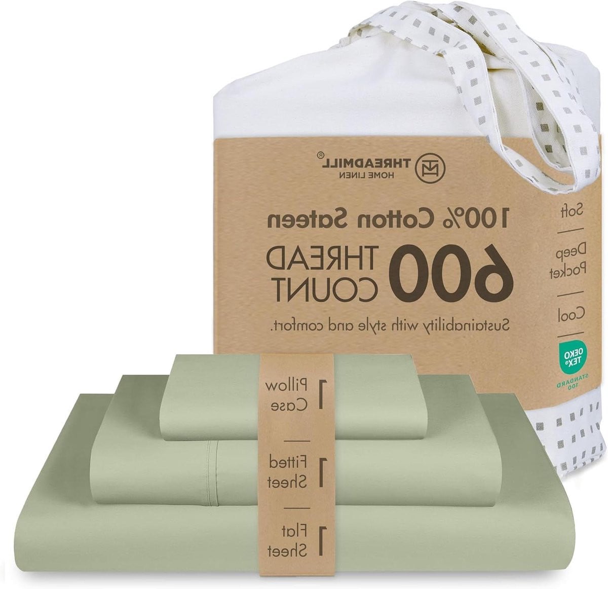 3-delig katoenen beddengoedset Kingsize - Saliegroen - 600 draaddichtheid