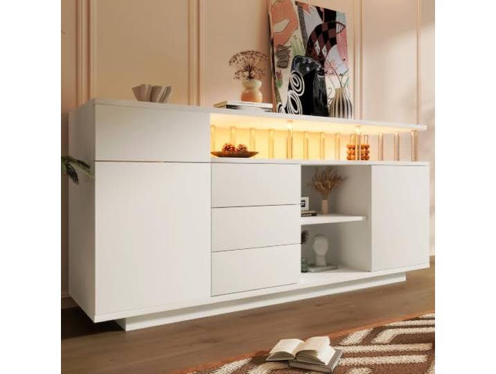 Merax Sideboard 160cm mit LED, Moderner Kommode Schubladenschrank mit 4 Schubladen, 2 Türen, Offene Regale, verstellbare Ablagen, Aufbewahrungsschrank Anrichte für Schlafzimmer, Wohnzimmer, Flur, Weiß