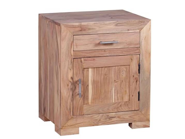 WOHNLING Nachttisch Mumbai 50x40x60 cm Akazie Massivholz, Schublade Tür Nachtkommode im Landhausstil, Nachtschrank massiv für Boxspringbett, handgefertigtes Unikat, Nachtkonsole mit Stauraum