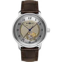Zeppelin Damenuhr 85675 - Goldfarbenes Ziffernblatt mit zentraler Guillochierung und schwarzen Zahlen/Indices,braune Naht,dunkelbraun - 36mm