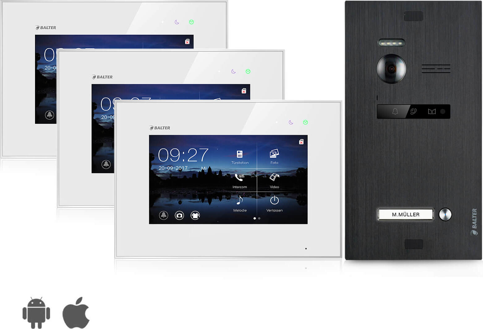 Video Türsprechanlage mit Smartphone App für 1 Familienhaus, Schwarz, 3x Monitore, Balter EVO WLAN