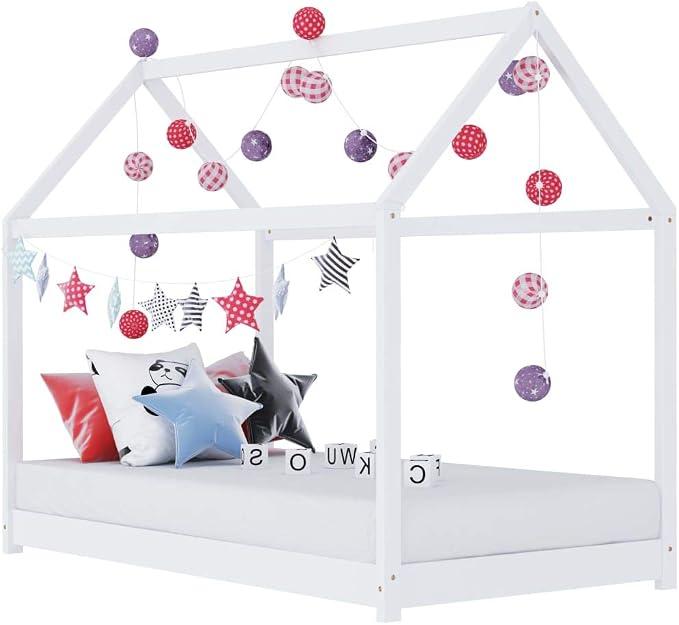 Kinder-Bettgestell Weiß Massivholz Kiefer 80 x 160 cm Kinder Bett Holz Krippe Vorhang Hausbett Hausbett Kinder Kinderbett Mädchen Jungen Kinderbett Baumhaus-Stil Elegant Gestaltet