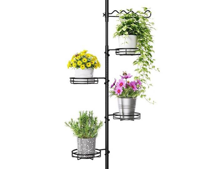 Étagère Fleurs Télescopique Noir 4 Supports Pots et Tuteur Plantes Grimpantes Support Plante Réglable