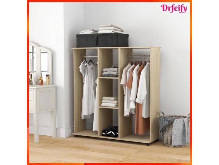 Armoire penderie - AKOZON - 9242 - 6 roulettes pivotantes - 2 barres de penderie - 3 étagères
