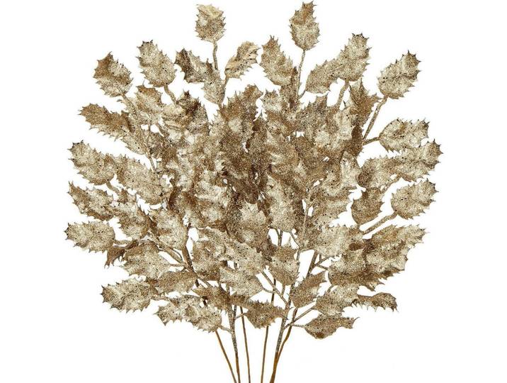 Kunstzweig 6-teiliges Set Glitzernde Eichenblätter Champagne 58 cm, Goldfarben, Kunststoff, 58.4 cm, Dekoration, Blumen & Blumentöpfe, Kunstblumen