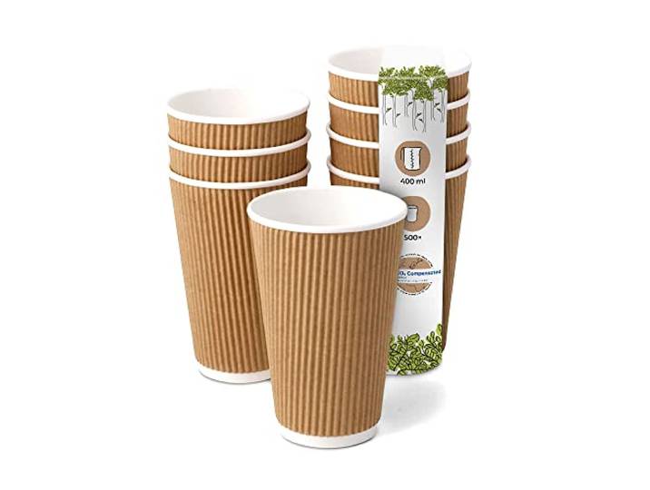 BIOZOYG 500 Stück Kaffeebecher isolierte Pappbecher 400ml / 16 oz Ø 90 mm weiß/braun - geriffelt plastikfrei nachhaltige Materialien - Einwegbecher Glühweinbecher