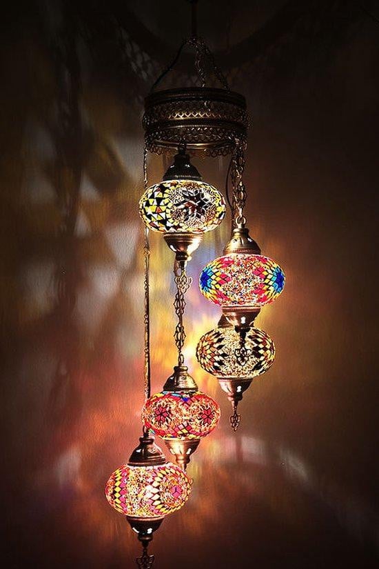 Halay Turkse hanglamp met 5 handgemaakte mozaïek glazen bollen