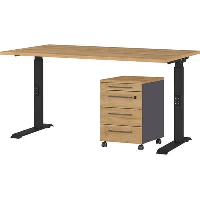 Büromöbel-Set GERMANIA "Agenda", schwarz (grandson, eiche, nachbildung, schwarz), B:140cm T:80cm, Holzwerkstoff, Kunststoff, Metall, Arbeitsmöbel-Sets, Büromöbel-Set, Set bestehend aus höhenverstellbarem Schreibtisch und Rollcontainer