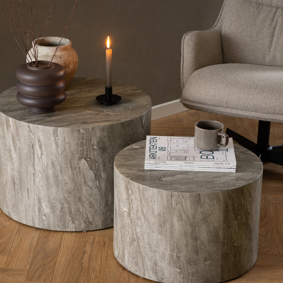 Metro Dice Round Coffee Table Set Gray Marble