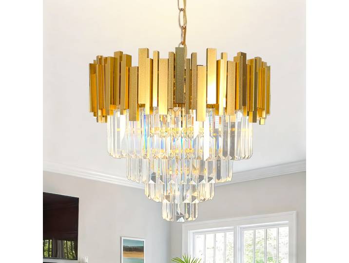Lustre moderne en cristal K9 doré, lustre rond à 4 niveaux en cristal anti-rouille à intensité variable pour salle à manger/chambre/salon