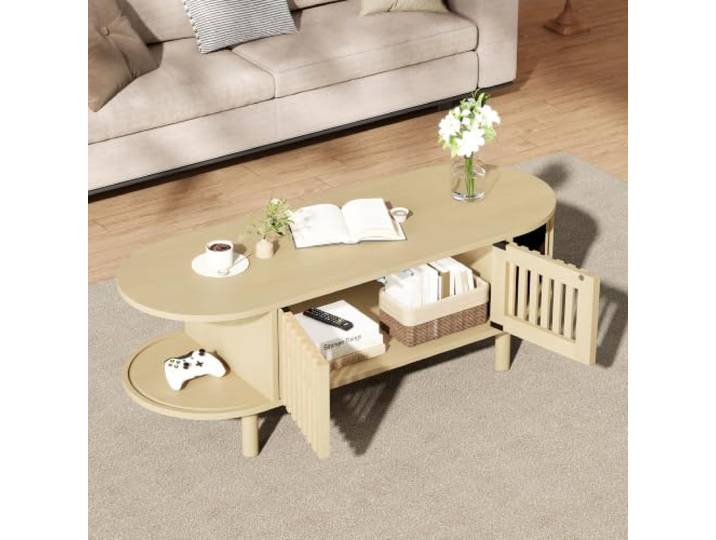 BXEYXE Couchtisch 100×40×38cm aus MDF, Ovaler Wohnzimmertisch mit 2 Lamellentüren & Rollo-Tür, Massivholzbeine, bis 30kg Traglast, Stauraum Couchtisch für Wohnzimmer, Heller Holzfarbton