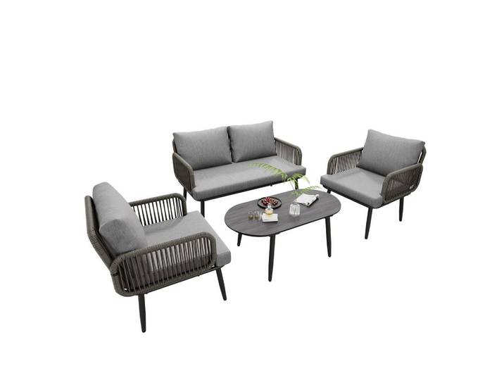Flieks Loungeset Grau 2-Sitzer 2 Sessel Couchtisch Handgeflochten, Gartenmöbel, Gartengarnituren, Gartenmöbel-Sets