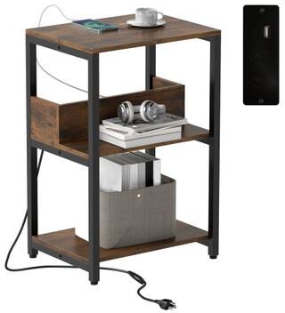 Costway Side End Table with Charging Station and Open Shelves-Rustic Brown