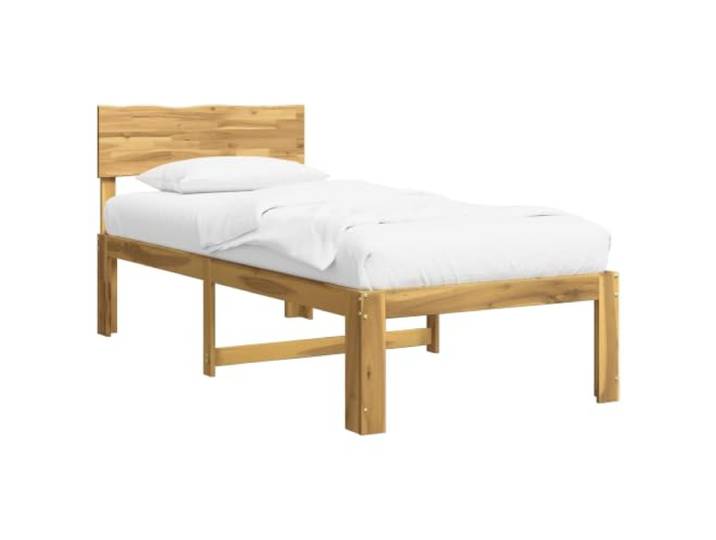 KTHLBRH Einzelbett mit Kopfteil ROSTOCK weiß 100 x 200 cm Massives Akazienholz, doppelte Live Edge-Kanten, integriertes Kopfteil, fester Lattenrost, stabile Beine