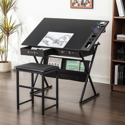 Javlergo Drafting Table Drawing Table Artist Desk Tilting Tabletop Art Craft Desk 2 Storage Drawers and Stool for Home Office