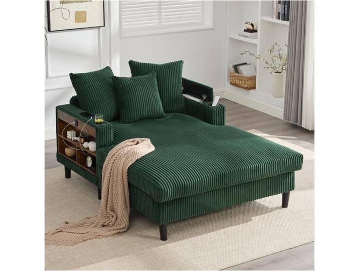 Dripex Canapé en velours côtelé avec chaise longue dotée d'une grande surface d'appui porte-boissons éclairage LED et port USB Vert