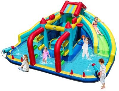 Outdoor Inflatable Castle w/Double Long Slide & Climbing Wall