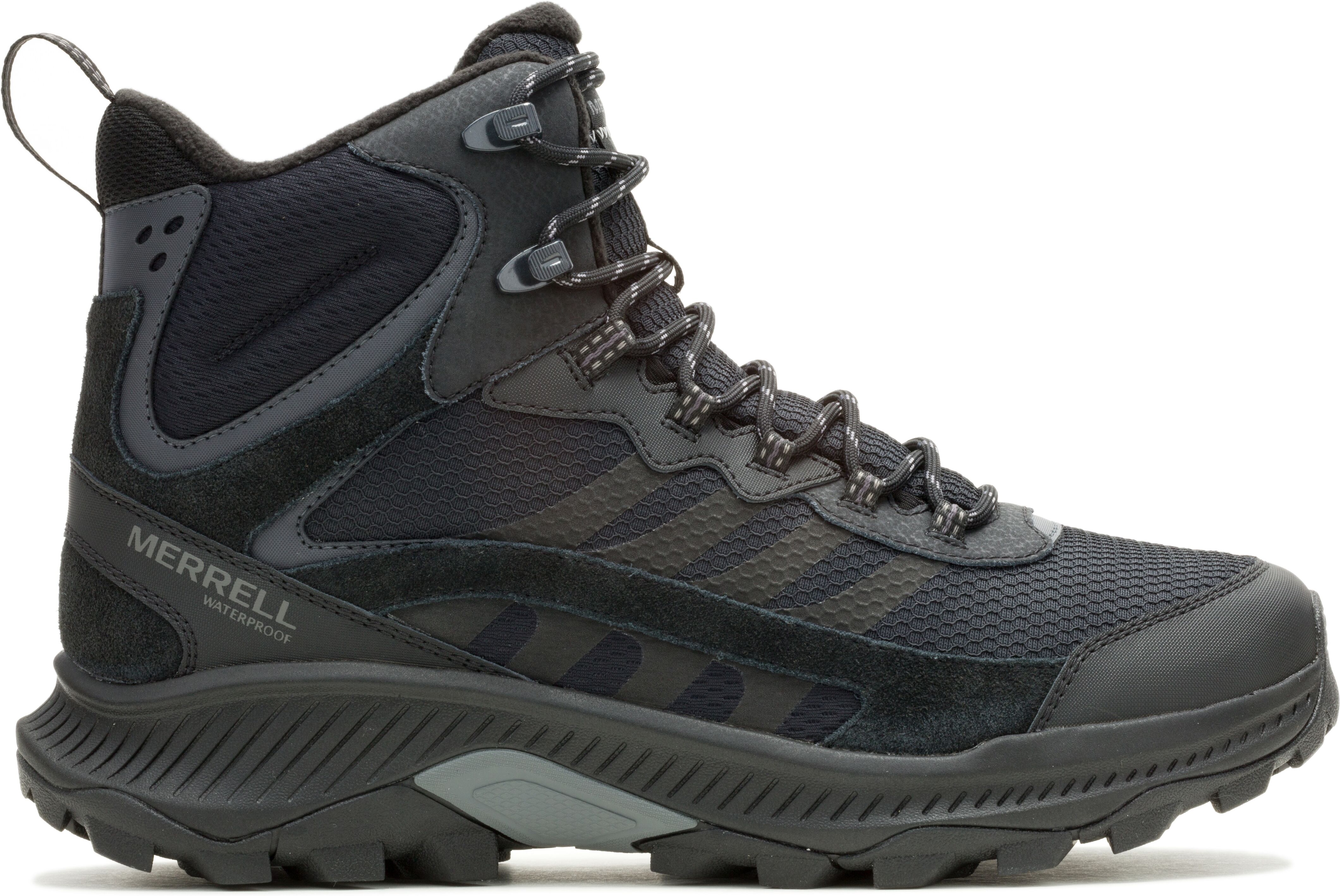 Wanderschuh MERRELL "SPEED STRIKE 2 THERMO MID WP", Herren, Gr. 47, schwarz, Leder, Synthetik, Schuhe Wanderschuh, wasserdicht, wärmend, gefüttert schwarz 47