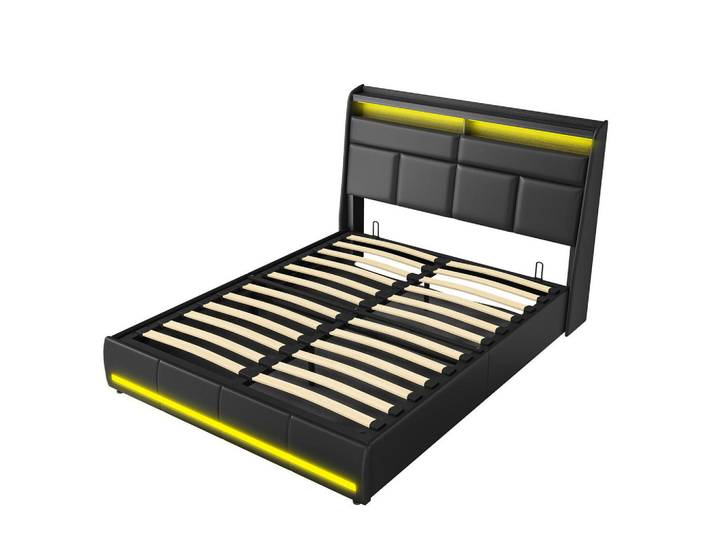 Polsterbett 140x200 cm, Schwarz, mit Lattenrost & Stauraum, Doppelbett mit Led, Kunstleder, Mode, 140x200 cm, Schlafzimmer, Betten, Polsterbetten