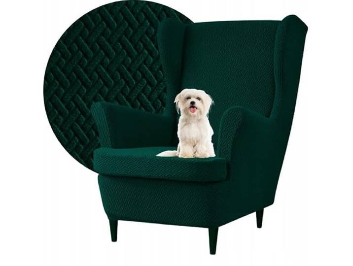 Domidekor Housse de fauteuil à oreilles - Housse de fauteuil stretch - Vert foncé - Housse de fauteuil Strandmon - Housse de fauteuil élastique jacquard à chevrons résistante aux taches - Certifié