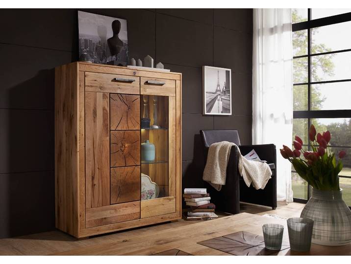 Highboard Thomas 2-türig in Wildeiche massiv geölt mit Inlays – Montierte Lieferung – 3%-Vorkasse-Rabatt