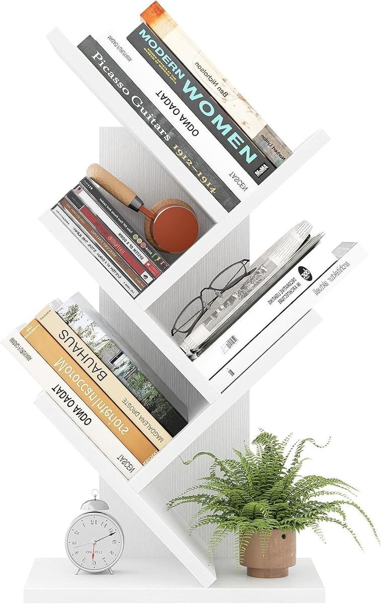 Wit Boekenplank Boomvorm - Staande Boekenkast met 5 Tiers en Anti-tip Ontwerp