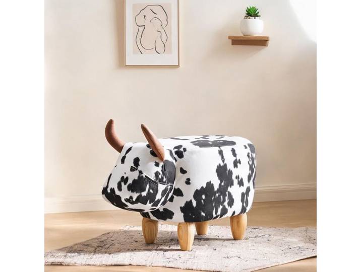 Pouf 1 place rond en tissu noir et blanc motif vache mousse et pieds bois massif 62x35x36 cm usage intérieur
