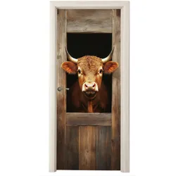 TÜRAUFKLEBER Kuh - Fenster - Holz - Tiere Deko Schlafzimmer 95x215 cm - Türtapete