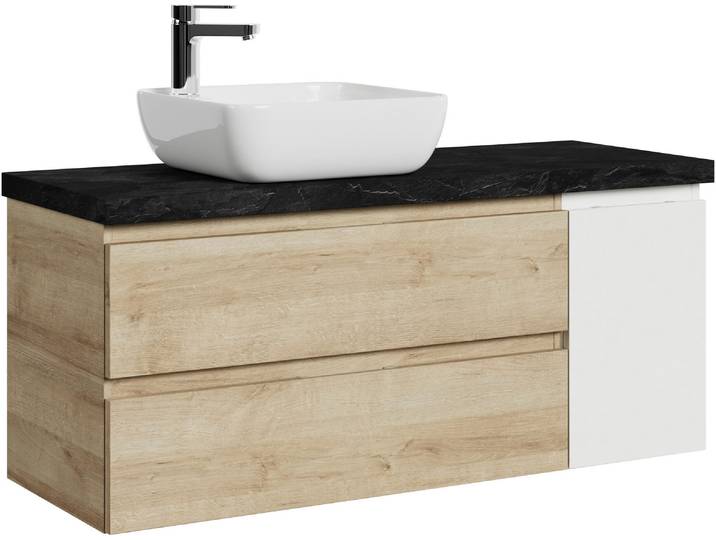 Waschtisch SAPHIR Serie 4035 , beige (riviera eiche quer nachbildung, schneeweiß glanz, riviera eiche quer nachbildung, weiß glanz), B:118cm H:65,7cm T:44,5cm, Holzwerkstoff, Waschtische, Waschtisch, 118 cm mit Keramik-Aufsatzbecken und Waschtischplatte