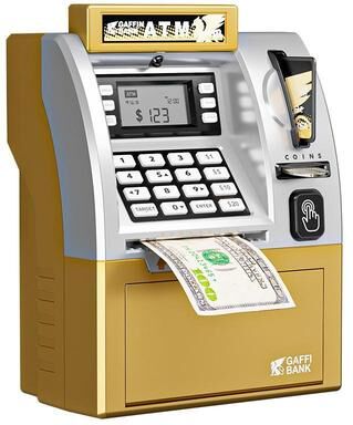 Inspired Deals Electronic ATM Piggy Bank For Kids With Card Swipe, Password Lock, Coin & Cash Savings Safe gold