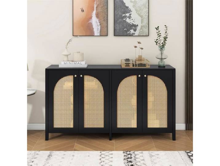 Buffet - DREAMMESPACE - 4 Portes en Rotin - 145x80x40cm - Métal Noir - Design Contemporain