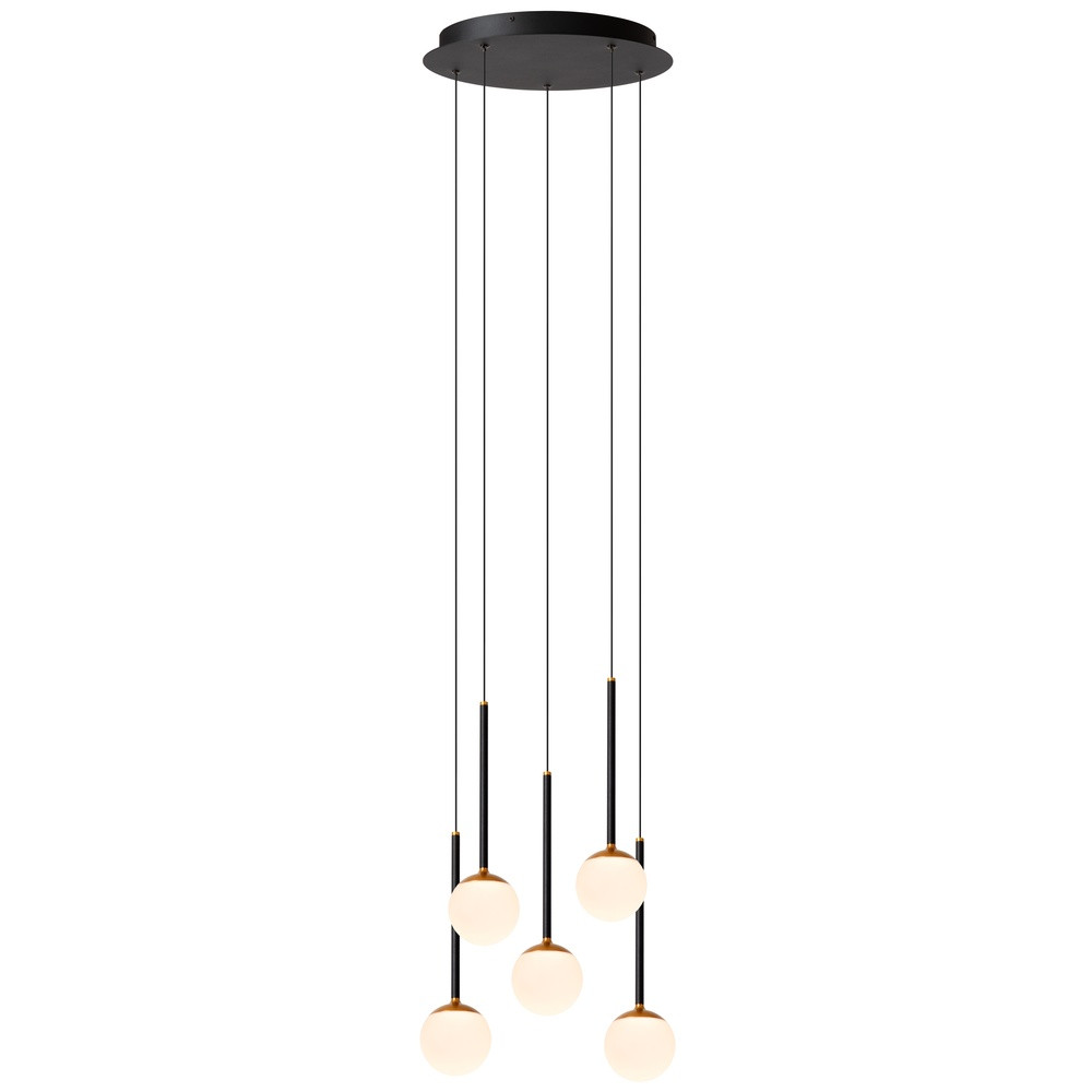 Premium by Lucide Calina Design hanglamp met 5 witte bollen en dimbare LED-module - Zwart