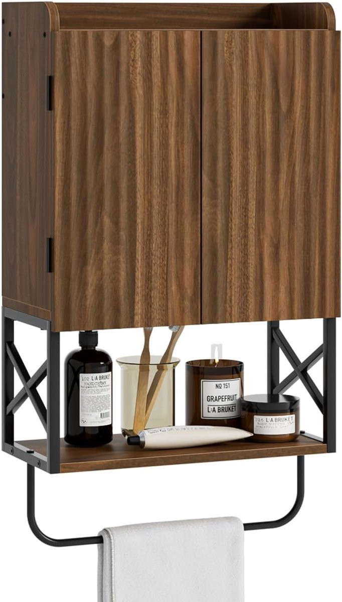 Merkloze Wandkast voor de Badkamer met Verstelbare Plank en Magnetische Deuren in Walnootkleur