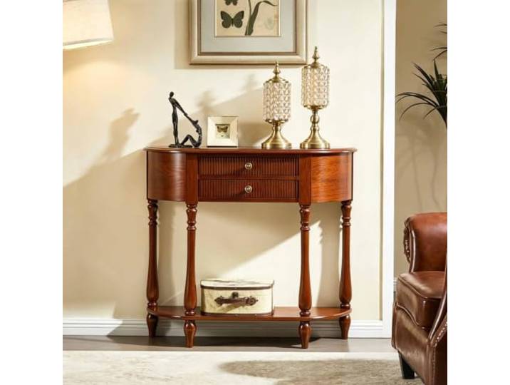 Konsolentisch Schmal aus Massivholz mit Schubladen und Unterer Ablage Table console en bois massif avec tiroirs de rangement, étagère inférieure et structure stable pour entrée, couloir et salon