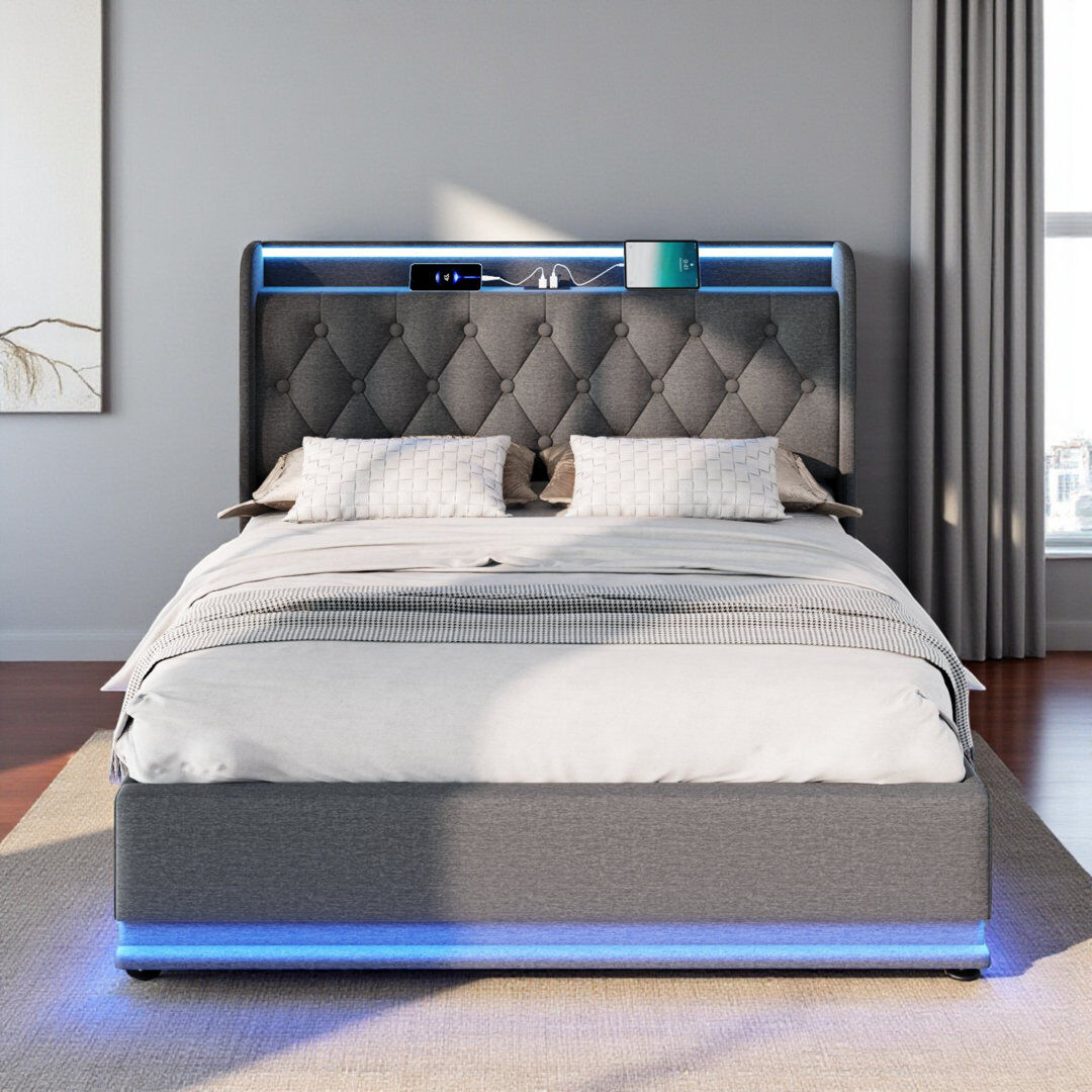 Lark Manor Upholstered 4Ft6 Ottoman Bed Frame With 360 Surround Led Function With Charging Function Hydraulic Storage Bed Frame With Large Storage Space (No Mat Grey Linen Kingsize (5')