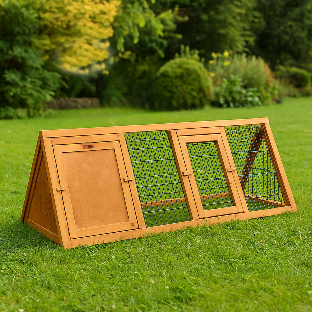 Alwyn Home Vida Wooden Outdoor Triangle Rabbit Guinea Pig Pet Hutch Run Cage Brown 45cm H X 118cm W X 50cm D