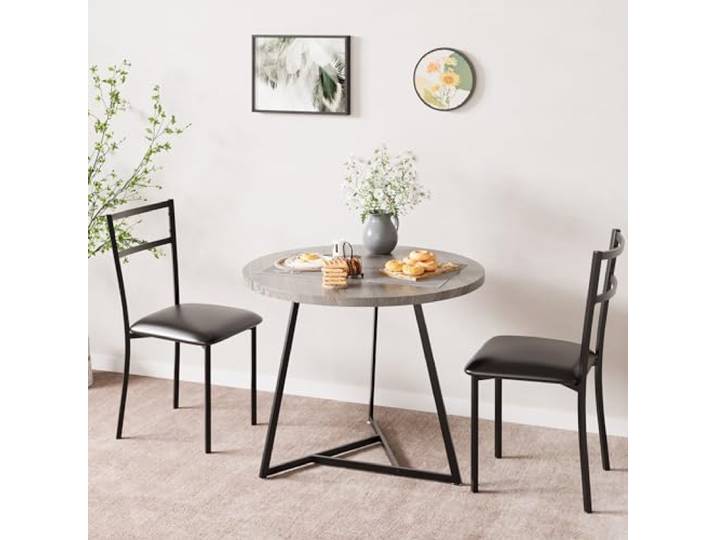 Zstar Platzsparendes 3-teiliges Essgruppe-Set für 2 Personen – Runder Küchentisch mit 2 gepolsterten Stühlen – Ideal für kleine Räume, Apartments, Frühstücksecke – Robust & stilvoll – Farbe: Grau
